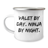 Valet Gifts for Men, Funny Camping Mug from Friends for Graduation, 'Valet By Day. Ninja By Night.' Quote on Stainless Steel with Enamel Finish, 12 oz Capacity - Image 1